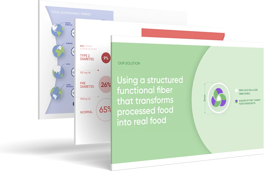 Three deck slides fanned out: market size by region, blood-glucose ranges, and the solution slide