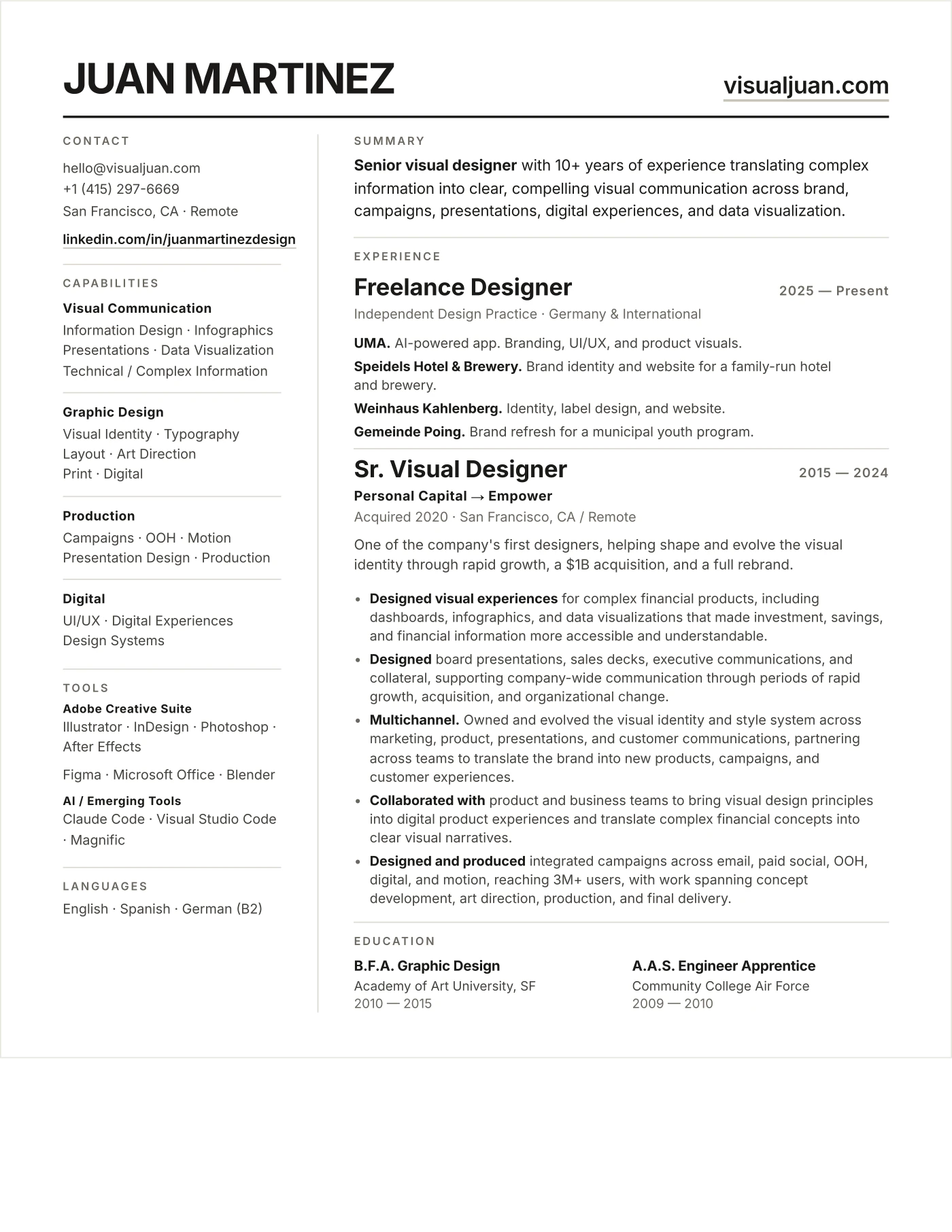 Juan Martinez CV, page one