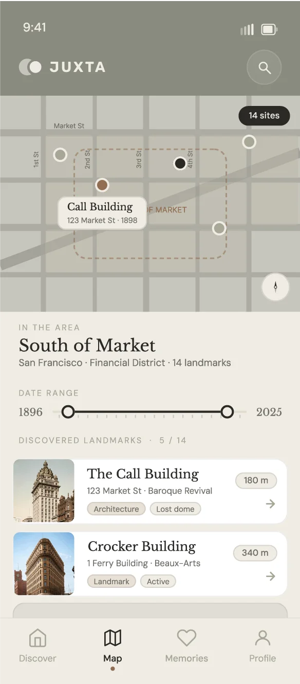 Area: South of Market on a map, a date range from 1895 to today, and nearby landmarks like the Call Building