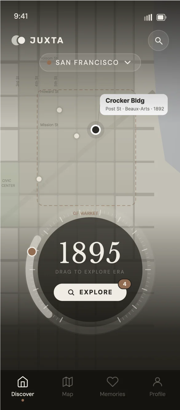 Discover: a map of San Francisco under an era dial set to 1895, with an Explore button