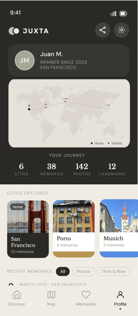 Profile: a world map of cities explored, landmark counts, and cards for San Francisco, Porto and Munich