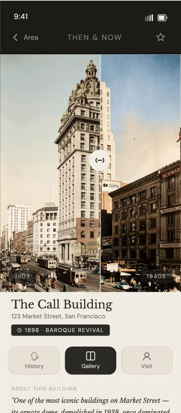 Juxta app: the Call Building in 1903 and the 1940s on a then-and-now slider
