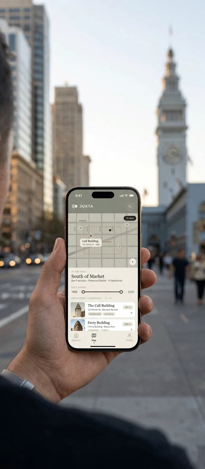 A hand holding a phone on Market Street, San Francisco, with the Ferry Building behind; Juxta shows a map of South of Market and nearby landmarks