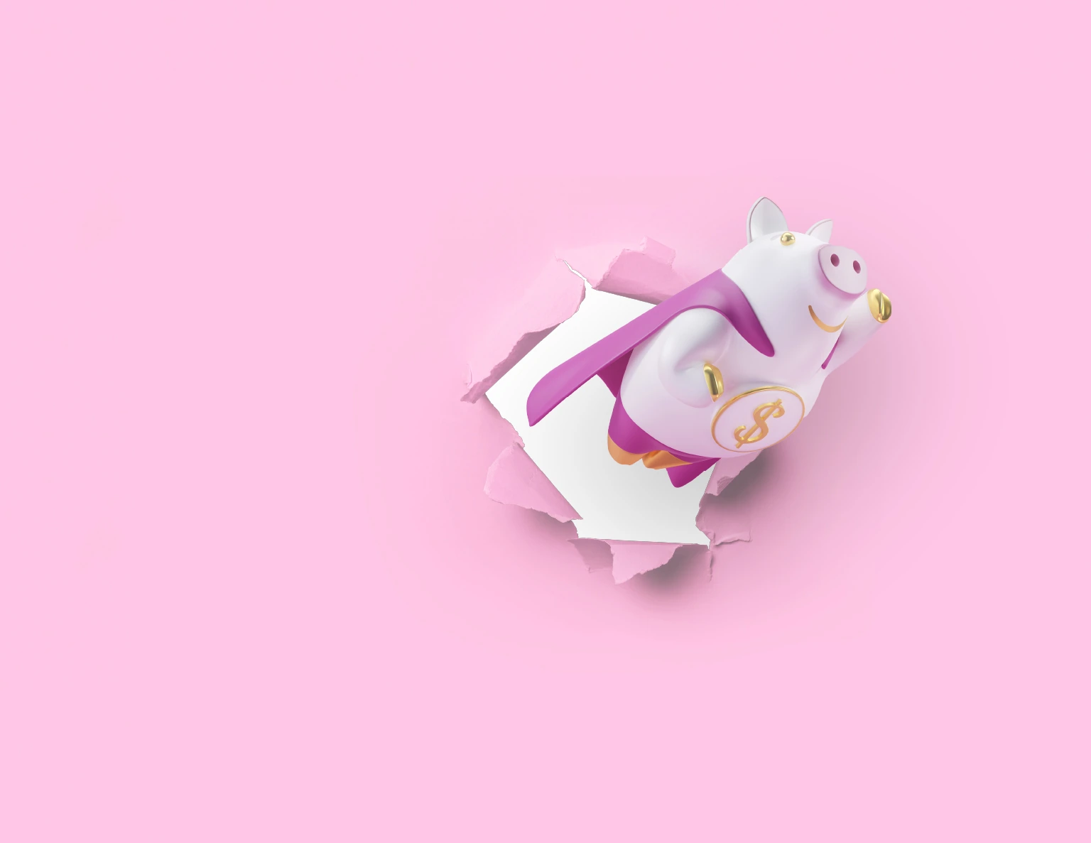 Cashius, Personal Capital’s piggy-bank mascot, bursting through pink paper in a superhero cape
