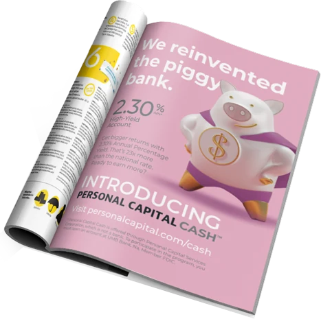 Magazine ad: We reinvented the piggy bank. Introducing Personal Capital Cash, with Cashius on a pink page