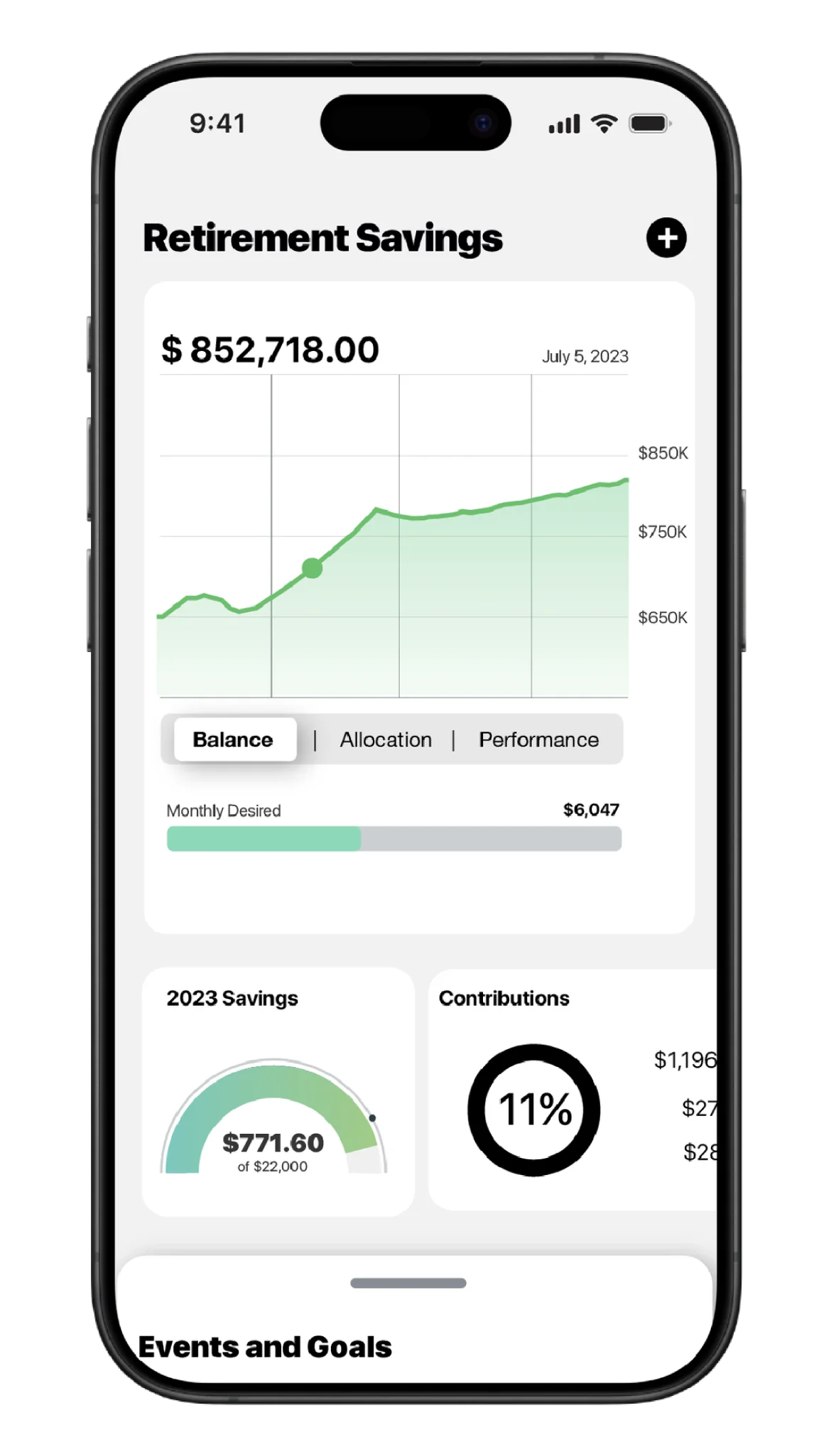 Waplet's retirement savings screen: a growth chart, a 2023 savings gauge and an 11% contributions ring