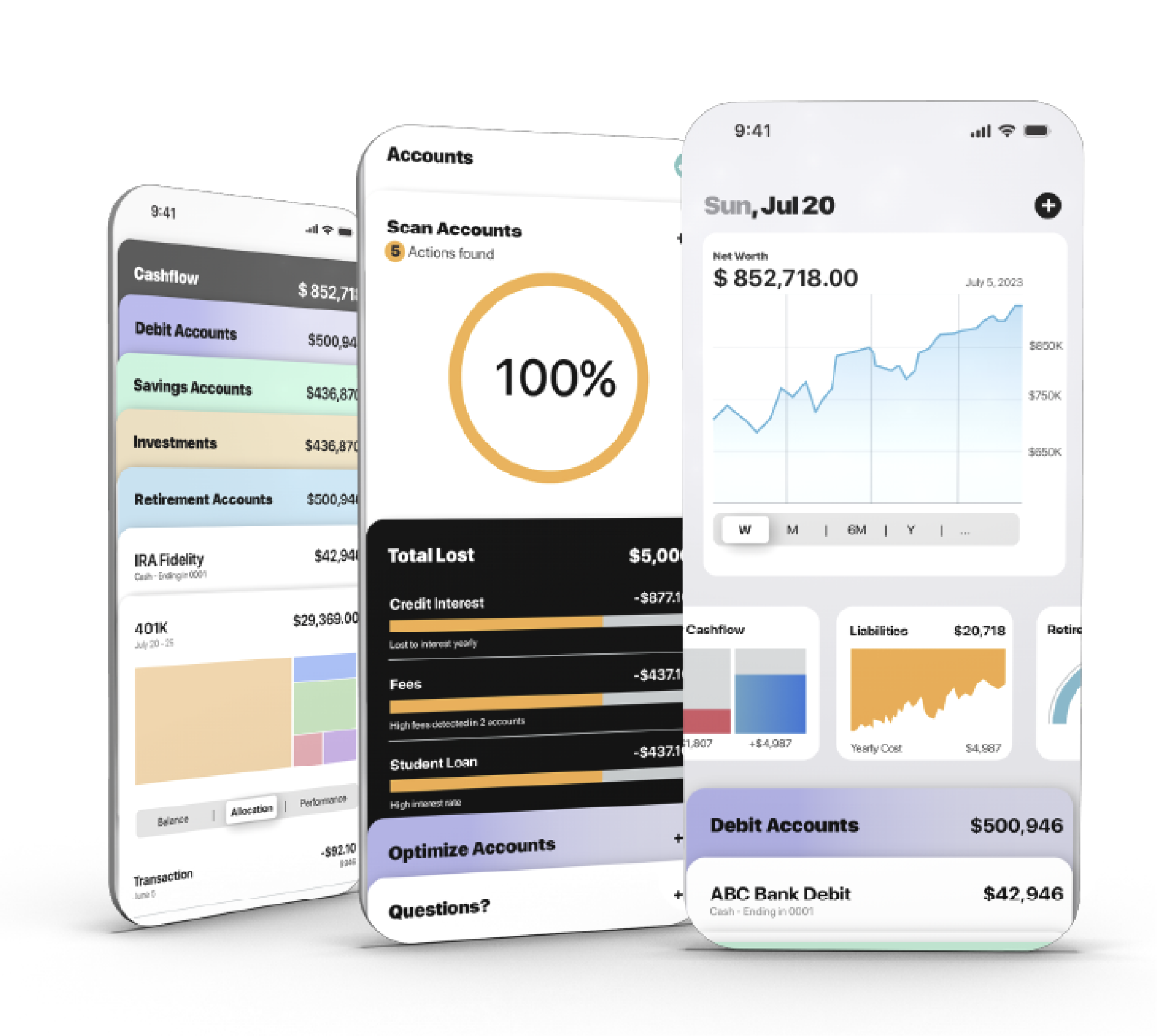 Waplet app screens showing account scanning, net worth tracking, and account breakdowns