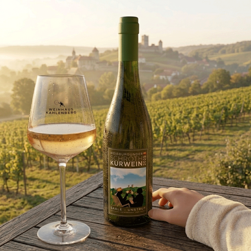 The Kurwein bottle and a Weinhaus Kahlenberg glass on a table above the Saale-Unstrut vineyards at sunrise