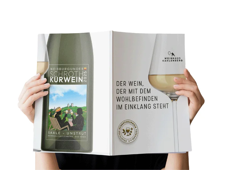 Magazine ad held open: the Schroth Kurwein bottle on the left page; on the right, Der Wein, der mit dem Wohlbefinden im Einklang steht, with the Weinhaus Kahlenberg mark and the Verband badge