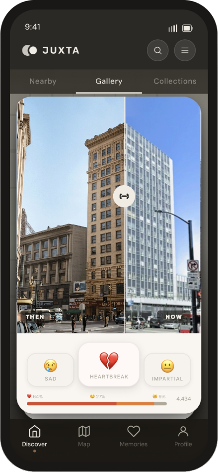 Juxta app showing historical photo swipe overlay